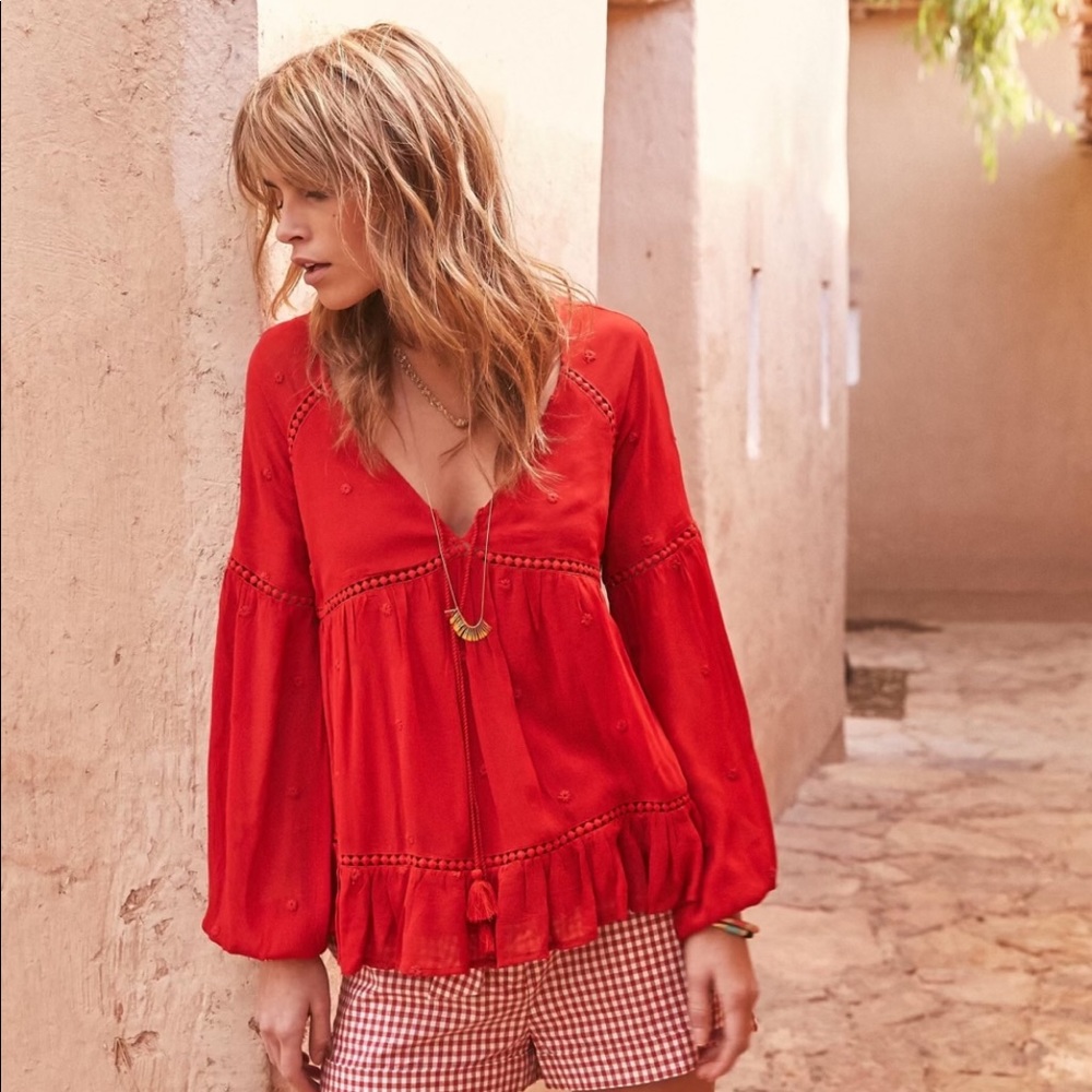 NWT Sézane Ambre Red Poppy Blouse Sz 36 US 4